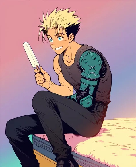 trigun, vash the stampede, smiling man, spiky blonde hair, fluffy blonde hair, lanky, tall body, tanned skin, black tanktop,  black tight pants, sitting on truck flatbed, holding popsicle, grinning, happy smile, one teal prosthetic arm, dynamic evening lig...