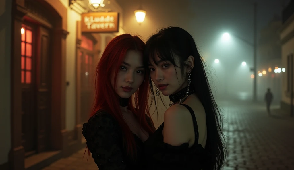 ArkhangeL and the pale white girl with jet black hair and bangs, stand close together on a foggy, dimly lit street at night, the soft glow of streetlights casting halos through the mist. Behind them, the warm lights of Klüdde Tavern—a Belgian bar in San Ju...