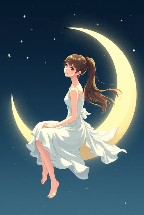  Draw me a beautiful woman manga ,  brown hair, une frange sur le front,  hair tied in a ponytail .  She has a white dress . She is sitting on a crescent moon in the middle of the stars. 