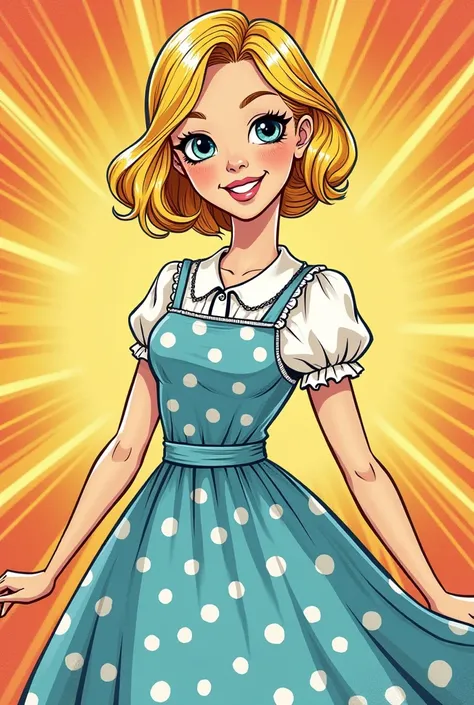 Short haired blonde woman dress blue white dots vintage comic style