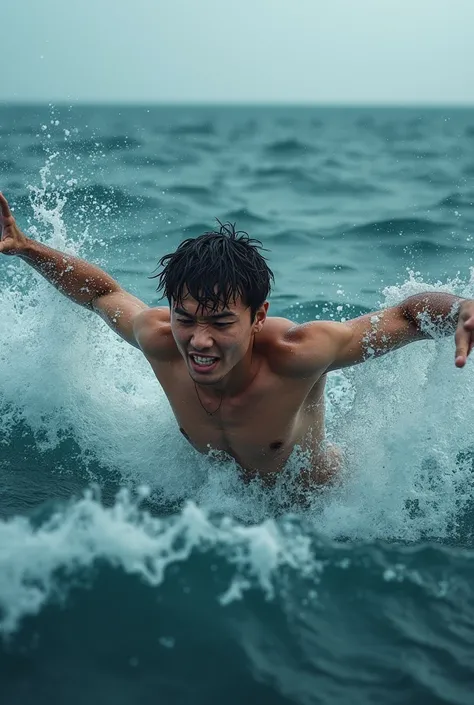 A realistic young man drowning in the middle of an ocean 