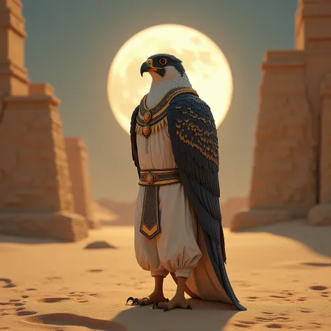 (((男の体と Falcon's Head )))  best quality,  super high definition, Detailed 4K CG, masterpiece,  Egyptian Mythology ,, Moon in the background,Moon Ornament ,  ancient Egypt ,   standing pose,  Falcon's Head , White clothes,  Egyptian Style Clothes , More foo...