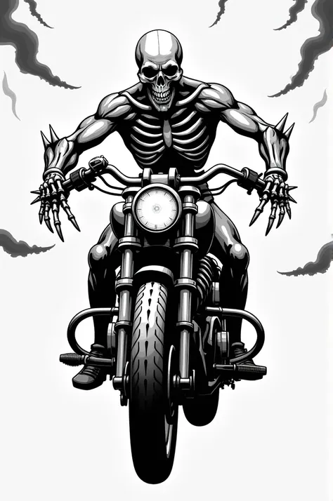 Skeleton with muscular arms drifting on a motorcycle with spiked decorations drawn with a black line