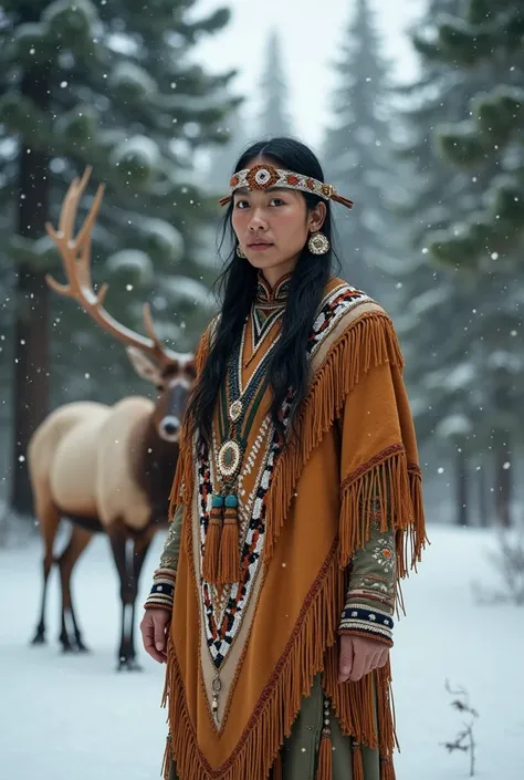 "Photorealistic macro photo of a  dressed in First Nations-inspired attire, with a fringed tunic and beaded accessories, standing in a snowy pine forest, accompanied by a majestic elk."