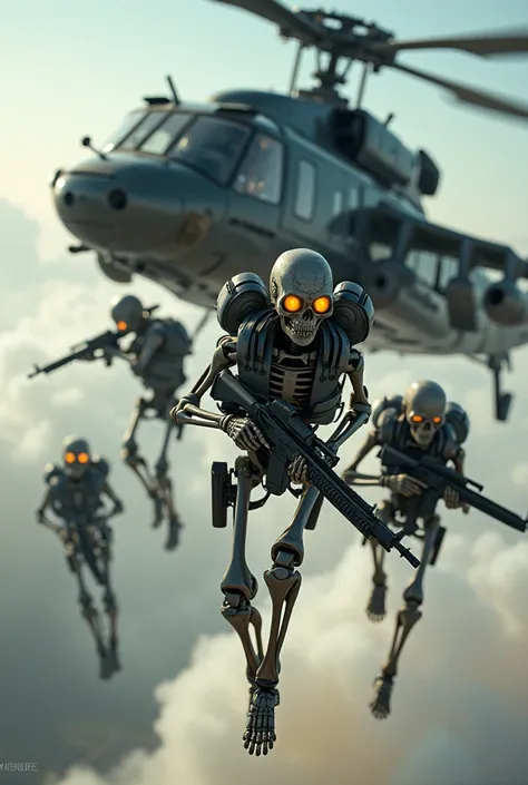 A group of soldiers, but they are very well equipped skeletons with weapons coming down from a helicopter. 