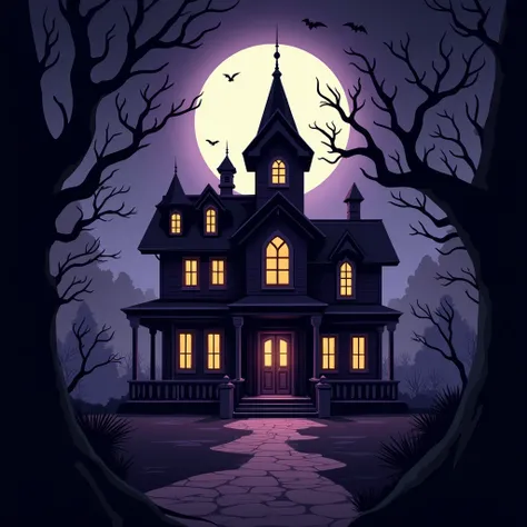 Haunted Mansion
   - *Art Style*: Dark and eerie with a cartoonish twist.
   - *Lighting*: Flickering candlelight with deep shadows.
   - *Camera Angle*: Wide shot of the mansion with a full moon.
   - *Color Scheme*: Dark purples, blacks, and grays.