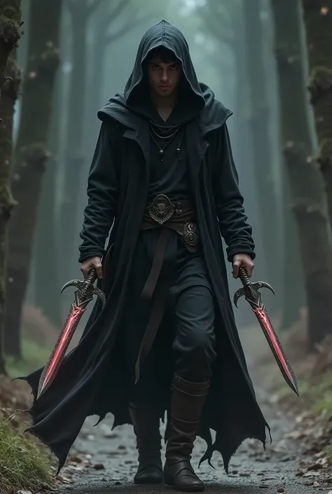 Rogue Dungeons and Dragon style, with energy daggers , man light skin,  with short black hair,  black eyes.  a dark garment , like a robe or a tunic,  that allow you to move silently .  Containing a hood to help hide in the shadows. Lightweight and quiet b...