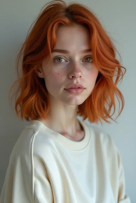 Realistic 24-year-old redhead girl in white sweatshirt