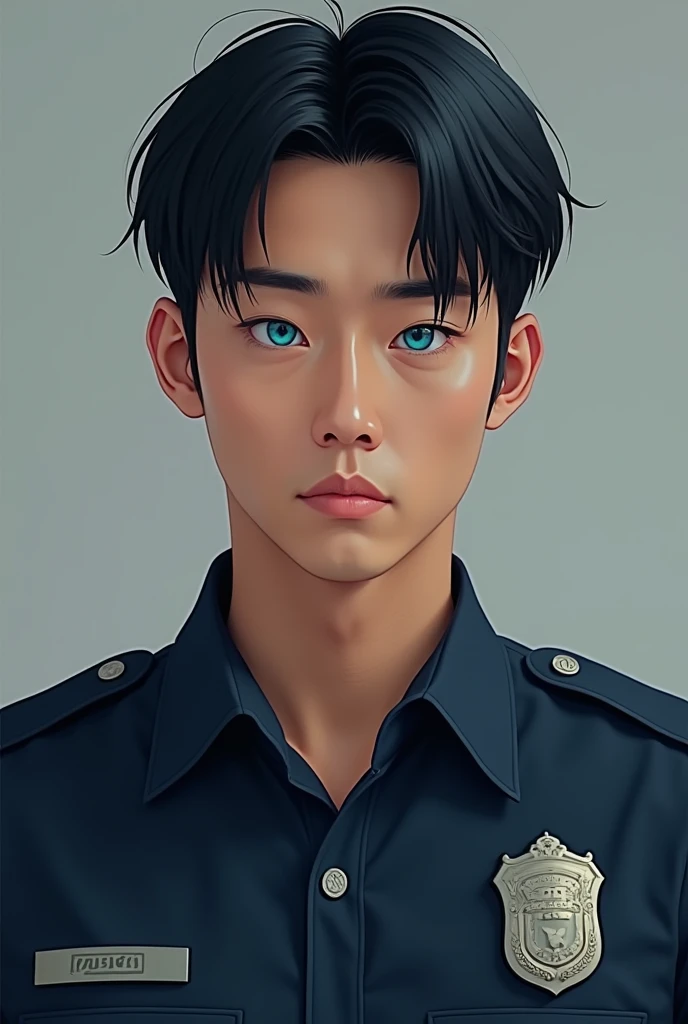  Normal black hair wearing a police uniform in the style of a half-live-action illustration, Blue eyes, Bust of an Asian man with a serious expression looking straight ahead 