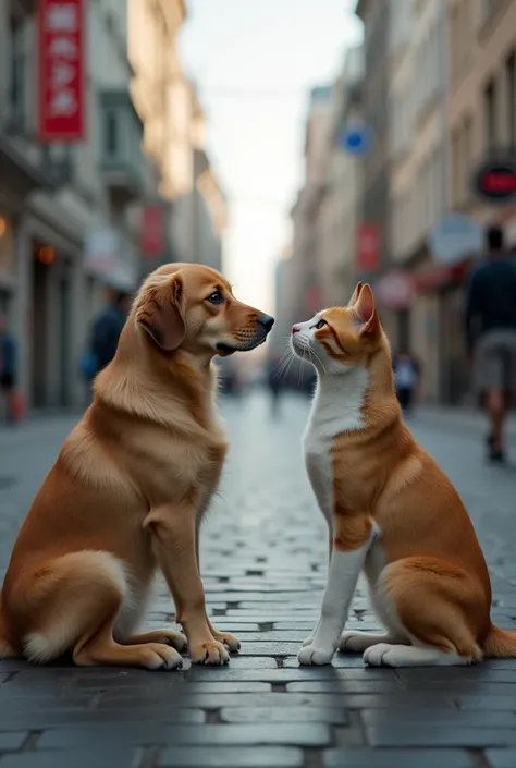 Create three prompts as follows :
 First ,  describe images of dogs and cats staring at each other in the middle of the city . Focus on the two animals ,  cinematic location .
Second ,  create a cinematic super-hybrid fusion prompt of the two animals in th...