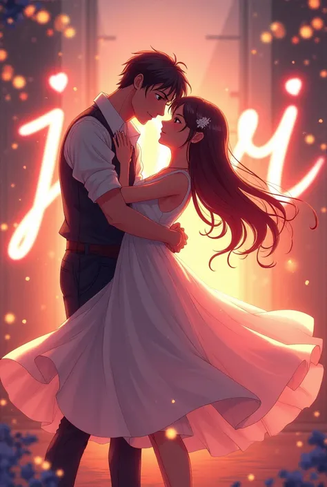 beautiful anime girl and handsome anime guy are dancing romantically,  in the background says : Jovi 