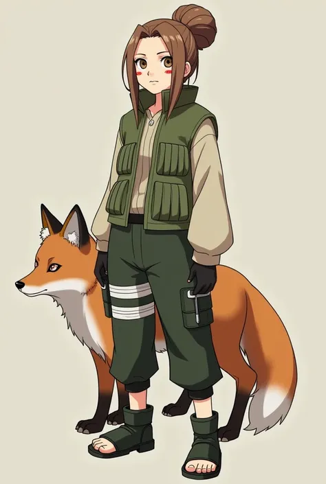 I want to create an anime-style Naruto character. age 25 years, Jounin. Appearance:
- Hair :  She has hair very light and smooth brown ,  that fall down to the middle of the back when released ,  but she normally wears them tied in a high bun ,  some loose...