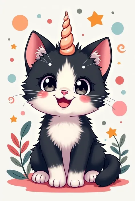  A happy black and white tabby kitten with a unicorn horn and a fun background kawaiii-style drawing
