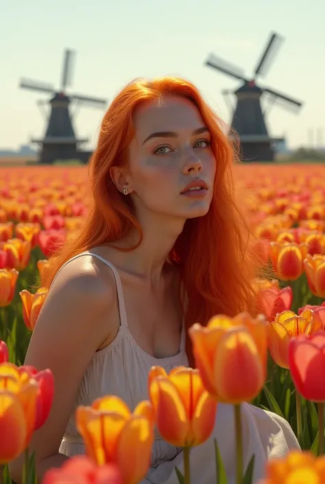 Picture of a girl with red hair/ orange hair a bit in the flesh sitting on a tulip field with mills in the background. The photo must be hyper realistic 