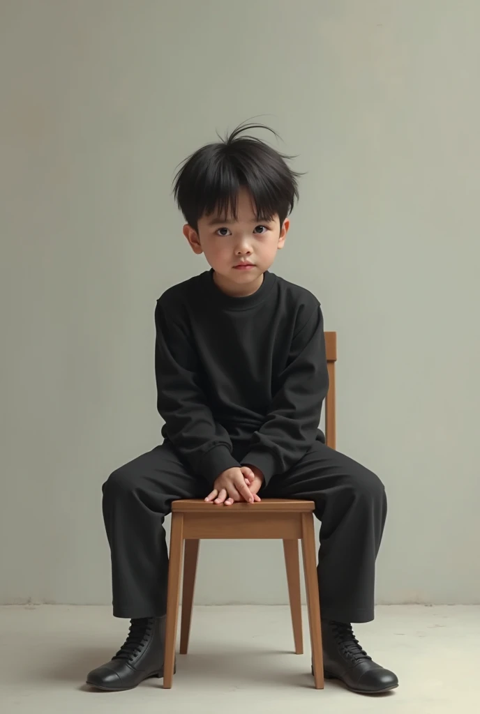 Young boy with blackshirt siting on a chair 
