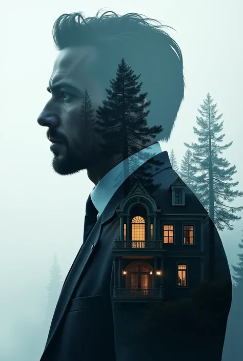  high quality, 8K ultra HD, A beautiful double exposure that combines a silhouette of generates an image presenting a mysterious and intriguing mansion with a successful person in a combination of an alpha man and a discreet sigma all more subtle