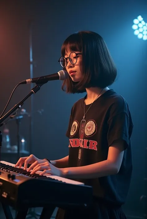 Hyperrealistic,  Japanese girl, slim skater pop punk shirt, seifuku skirt, thick black framed round glasses, microphone, cute pose, black hair, standing, full body, playing vintage minimoog keyboard attractively, gloom stage background, Use soft photograph...