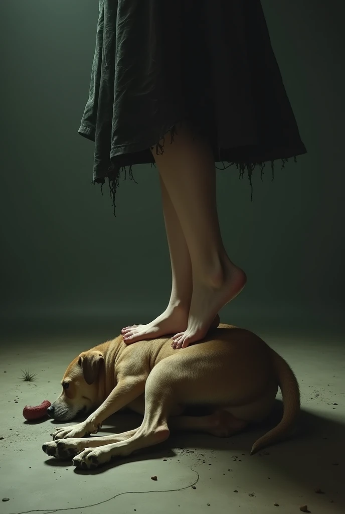 Bare feet seen in profile of a woman walking on top of a dog crushing it to the ground