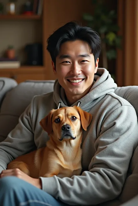 Most handsome Korean in the world, in a hoody, he is smiling and holding a dog and sit on his sofa in his living room