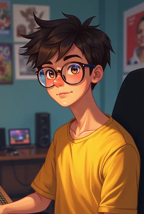 Person:
Hair Color: Dark brown
Clothing: Yellow sweat t-shirt
Skin Tone: Light
Glasses: Red-cheeked, round-framed glasses
Background:
Setting: Gaming room
Details: The room's decor may include computer equipment, game posters, and a comfortable chair.
If y...