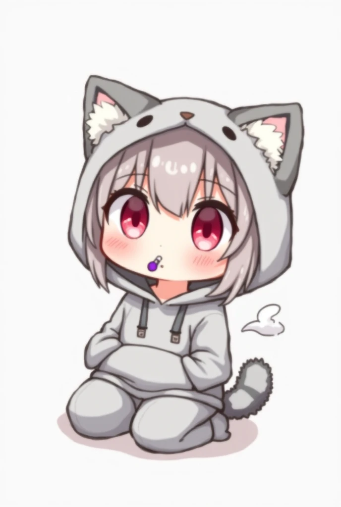 masterpiece, best quality,(Very Simple Drawing:1.2), (Deformation:1.0), (Comical:1.3), solo,1girl\((Chibi:1.4), Beautiful, Young, (gray Cat Hoodie:1.5),(gray Cat ear Hoodie\(cat face printed\):1.5),gray cat-tail, red eyes,big eyes,detailed pupils, short wh...