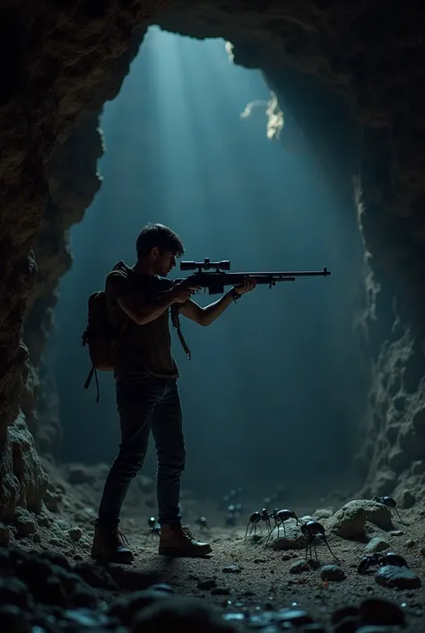 Young man explorer shoots half man half ants with a rifle inside a cave,  beings with almond-shaped black eyes that glowed in the dark with human morphology arms and legs that allowed them to climb walls inside rocks,I'll be terrifying ant men,  Everything...