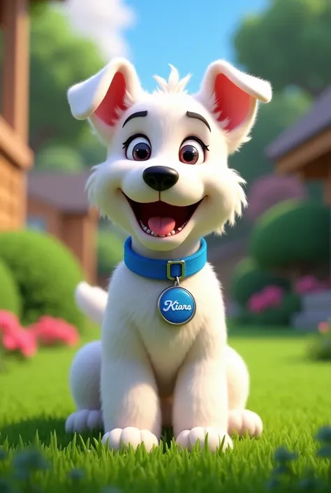 Make an image of a white schnauzer with a blue collar with its Kiara badge on the neck, In the background that is on a lawn and animated I would like Disney Pixar type