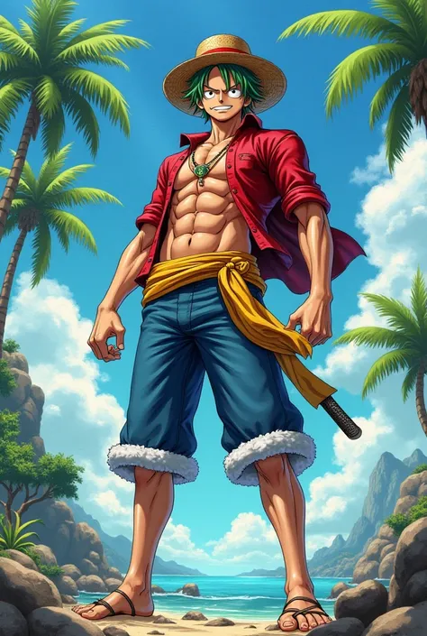 Show me a fusion of Luffy and Zorro more in the anime style of the anime and where is Zorro 