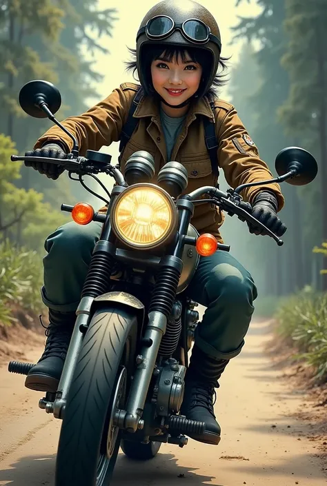 A beautiful Japanese beauty with a bright smile  short, Messy black hair,   cargo pants with flight jacket  , Durable boots,  helmet,   gloves front turn signal blocks tires , Vintage Goggles,   riding a heavy duty motorcycle with tools behind 　 excitement...