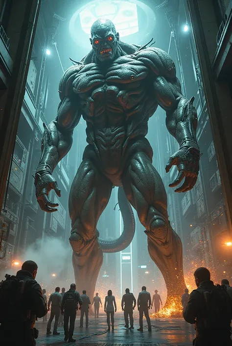  Create an enormous mutant trapped in a cybernetic laboratory chamber about to break,with guards everywhere and terrified scientists  