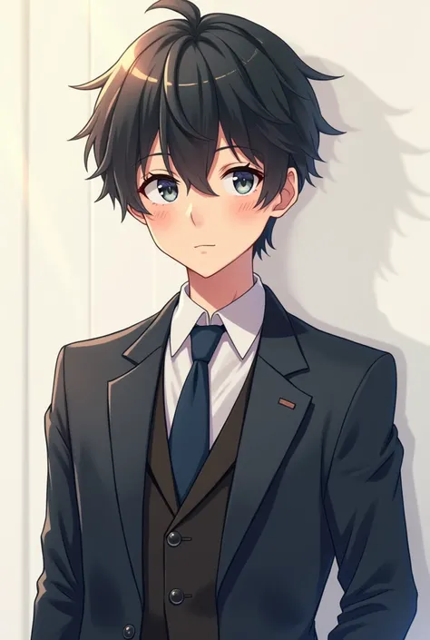 a guy with a suit and black hair, fluffy anime style 