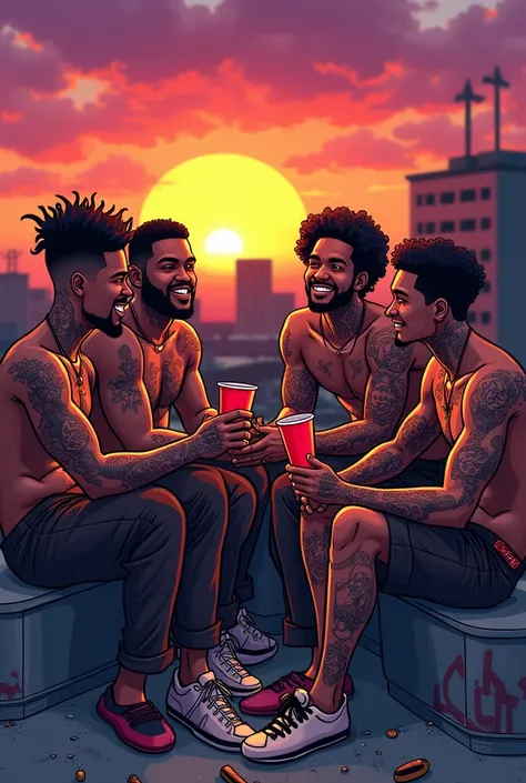 Create a cartoon-style image of 5 young black gang members with tattoos on their associal bodies watching the sunset with red cups in their hands