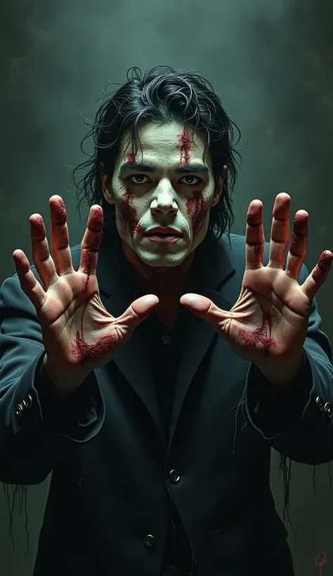 Michael Jackson dressed as a zombie with his hands raised forward 