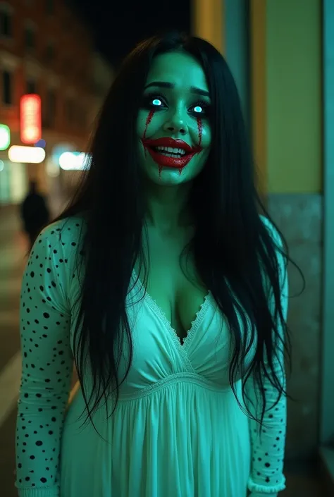  horror image of the weeping obese version with long black hair and neon blue eyes ,  with mascara flowing while crying in the streets .  wears a white dress with long sleeves full of spots and very huge red lips injected . The woman smiles scary . his ski...