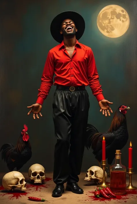 Oil painting of a handsome young African man wearing a red shirt and black satin pants with a black hat laughing in a trance next to skulls making their way with blood on the ground and black rooster and the moon with burning red candles and red peppers on...