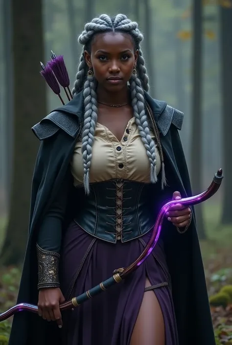  Create a medieval role-playing character ,  with a shiny magical bow and arrow that specifically emanates the color purple .  Make the character a full-bodied woman ,  with dark skin and long gray braids with almost platinum braids , with a black leather ...