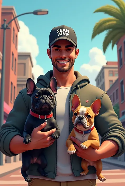 CREATE A MALE CHARACTER WEARING A CAP ON THE BACK WITH TWO FRENCH BULLDOGS ONE BLACK AND ONE CARAMEL AND ON THE FRONT WRITTEN SEAN MVP 