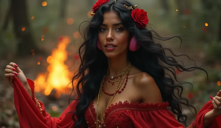 absurd quality, 8k high resolution,  High quality,  super quality, (42 years old)  Brazilian woman,  long black hair,  white skin , red and gold accessories, red rose, Dancing Around the Campfire,  forest, Red rose gypsy,  pink headphones in the hair,  red...