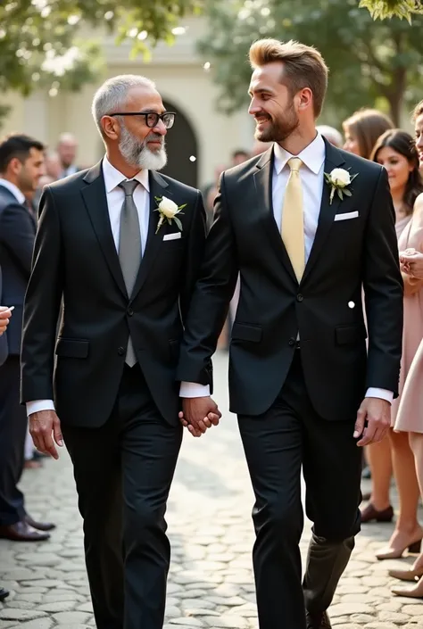  An older Arab man ,  young dad ,  with cropped gray hair and an elegant beard ,  dressed in a two-piece black bridegroom suit with white shirt and gray tie , together with a tall and sturdy young white man with short and elegant blond hair,  who wears a t...