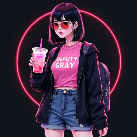 Drawing of  korean style  girl 30 years old , beautiful , straight short hair  black ,holding  bubble tea , water color , neon , back pack ,facing front ,wearing pink shirt black jacket attire sunglasses , add Circle on back ,on black construction paper,  ...