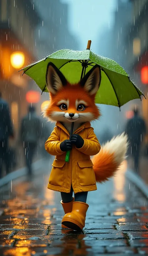 Here's the adjusted and maximized-realism version of your prompt:

"Create a cinematic, hyper-realistic oil painting and watercolor fusion scene of a small anthropomorphic fox walking through a rainy city street at dusk. The fox has soft, detailed orange f...