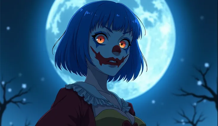 Clown woman strong blue and red makeup, Cold night and bright clear moon, short straight hair with blue bangs. Anime 4K