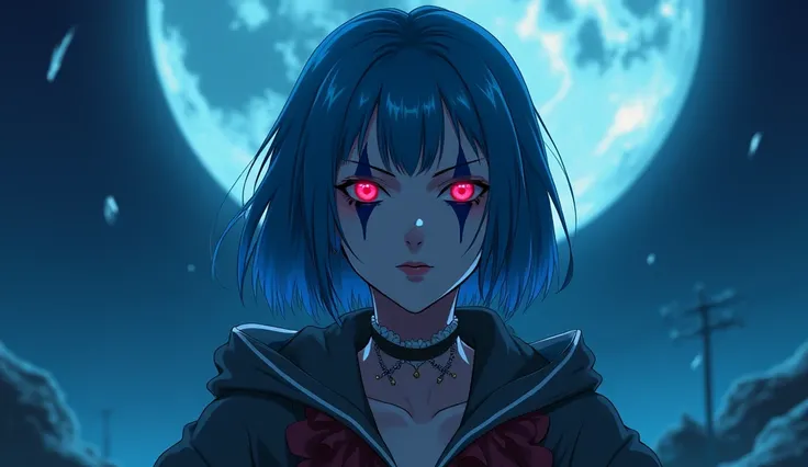 Clown woman strong blue and red makeup, Cold night and bright clear moon, short straight hair with blue bangs. Anime 4K