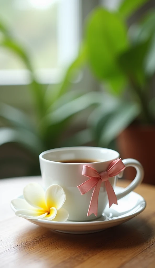 
A imagem mostra uma  coffee cup  em primeiro plano, placed on a wooden table .  The cup is white and has a light pink ribbon tied to its handle . Uma flower branca com detalhes amarelos decora a borda da xícara.  The background of the image is blurred ,  ...