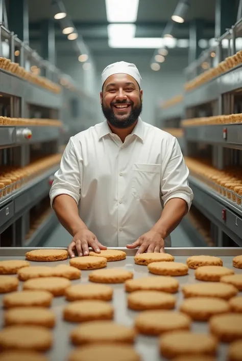 man in the cookie production line smiling