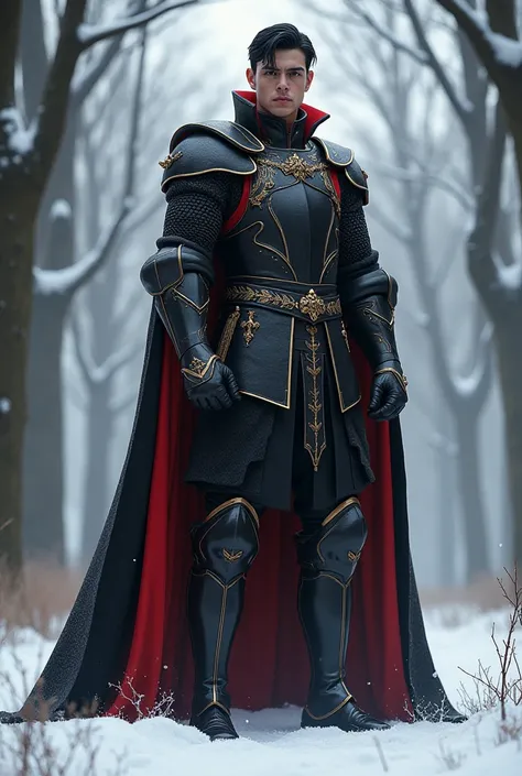 Young male with black hair, red eyes, wearing black and red knight uniform captain clothes with cloak, like a duke, tall standing in a winter wood, perfect ratio, whole body with boots too