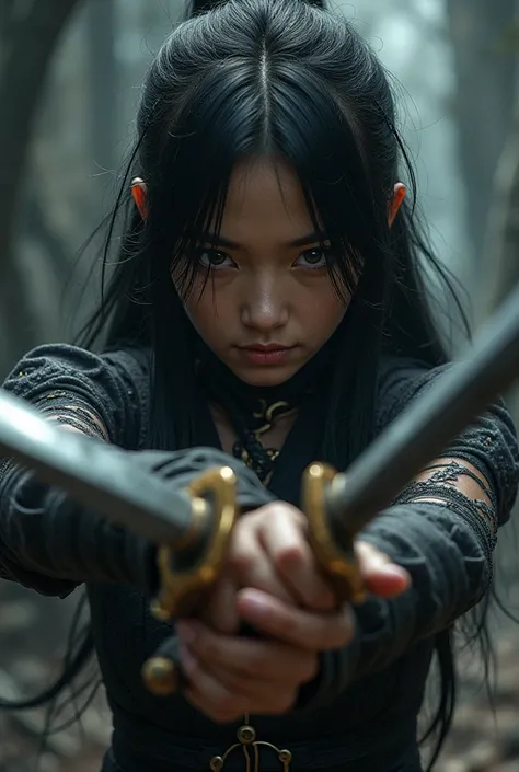 Look at Ju, black hair and small mouth, swords in her hand.

