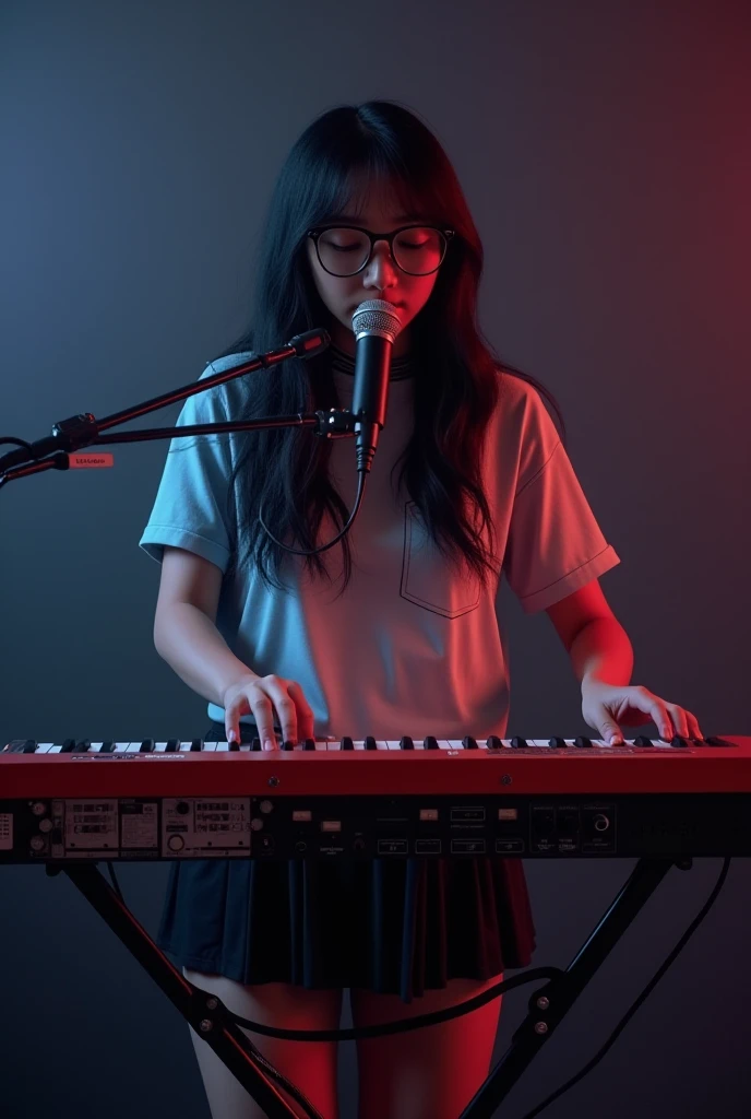 Hyperrealistic,  Japanese girl, slim skater pop punk shirt, seifuku skirt, thick black framed round glasses, microphone, cute pose, long black hair, standing, full body, playing vintage minimoog keyboard attractively, gloom stage background, Use soft photo...