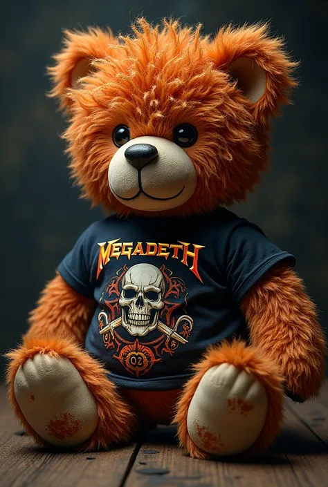 Create a teddy bear inspired by Dave Mustaine, with a Megadeth shirt and with curly red hair like Dave Mustaine's