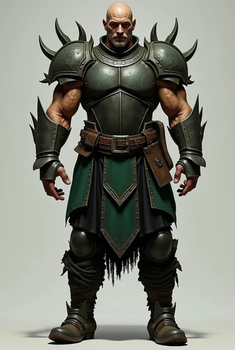 The character displays a muscular build, suggesting strength and combat readiness. The exposed skin reveals a rough texture, indicative of wear from battles or harsh environments, enhancing the character's ruggedness.
The armor is primarily made from dark ...